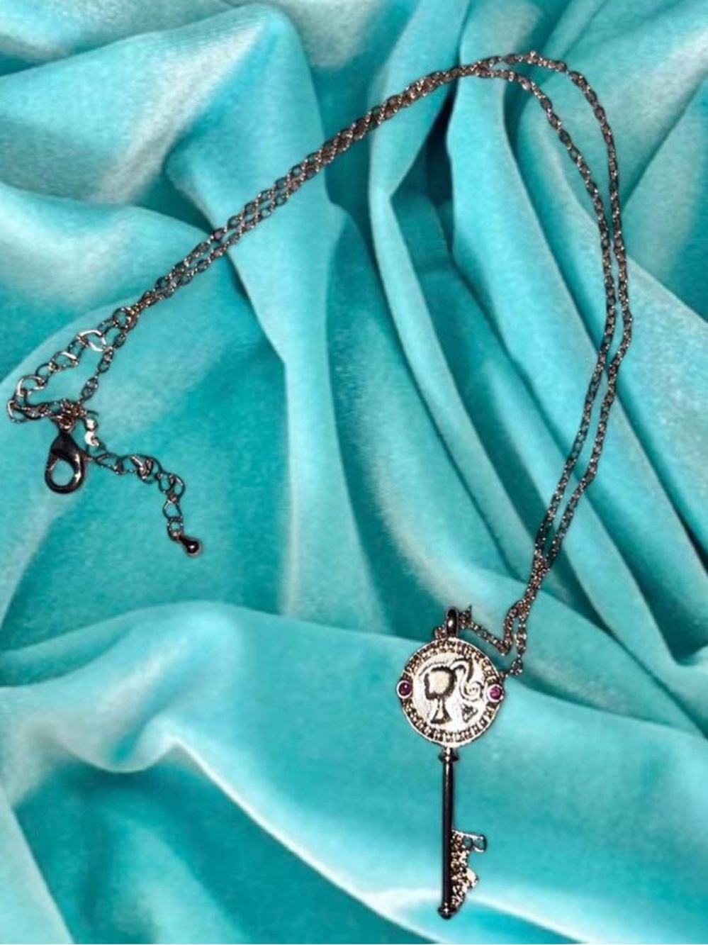 Gold Key Pendant Necklace with Pink Accents - Women Jewelry